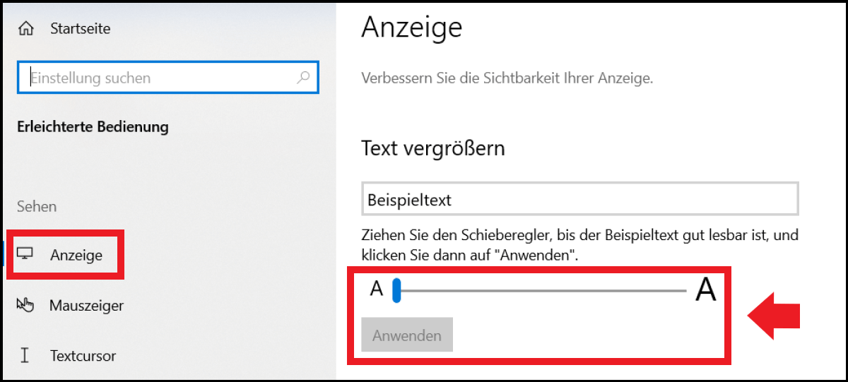 Schieberegler zur Vergrößerung der Textanzeige im Windows-10-Anzeige-Menü