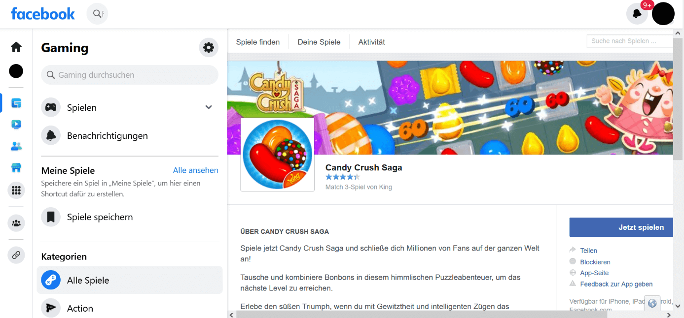 Screenshot der Facebook-Seite des Social Games „Candy Crush Saga“