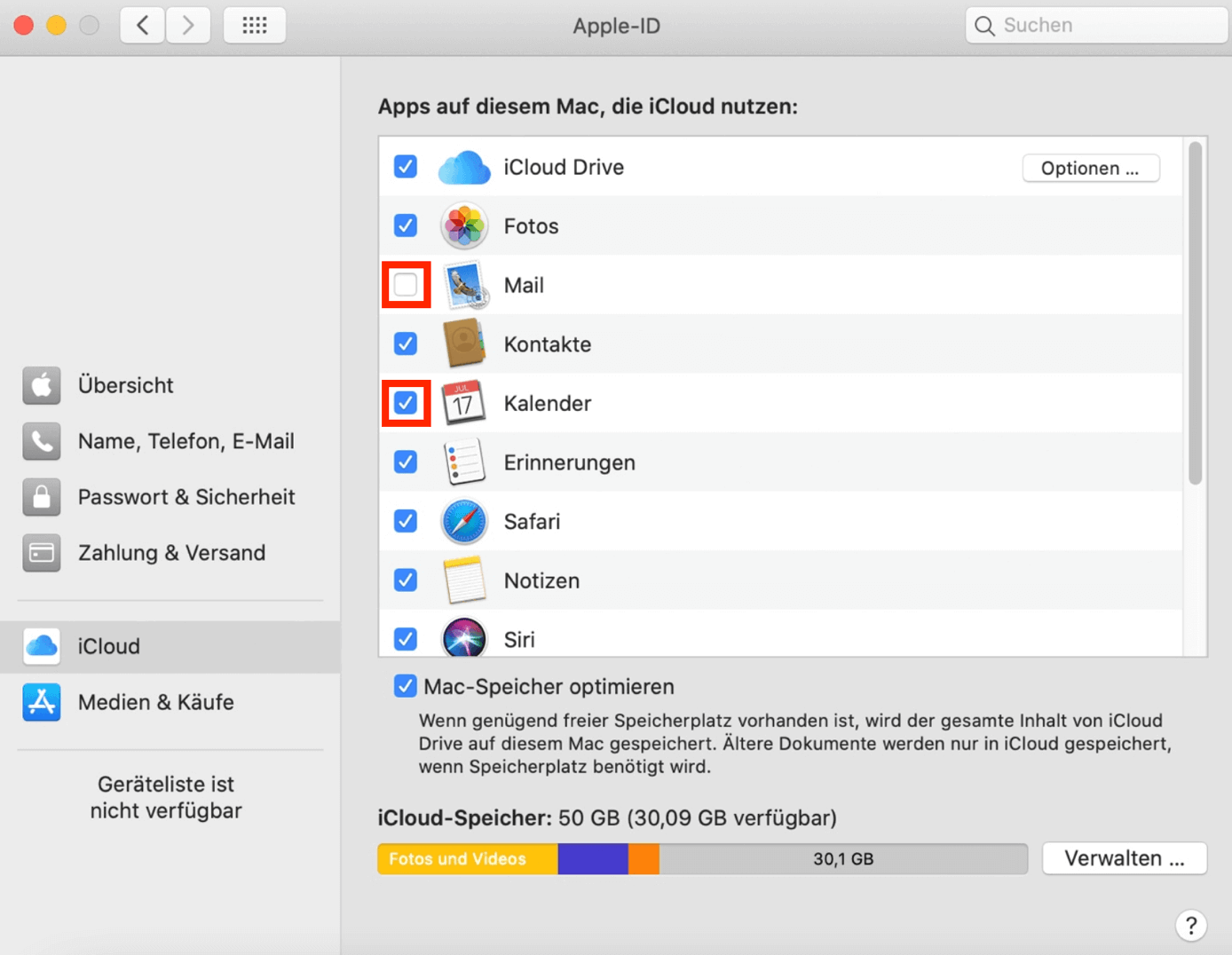 Screenshot der iCloud-Benutzeroberfläche auf einem Mac