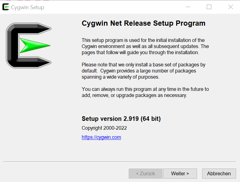 Screenshot der Installation von Cygwin