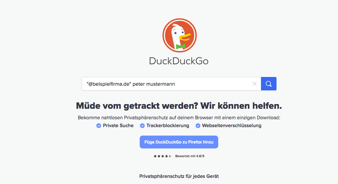 Screenshot der Suchmaschine DuckDuckGo
