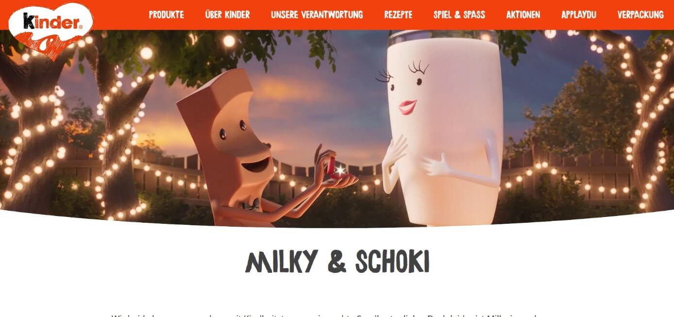 Screenshot der Webseite über die „kinder Schokolade“-Maskottchen Milky und Schoki