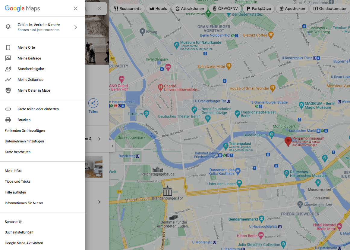 Screenshot einer Karte bei Google Maps mit ausgeklapptem Menü