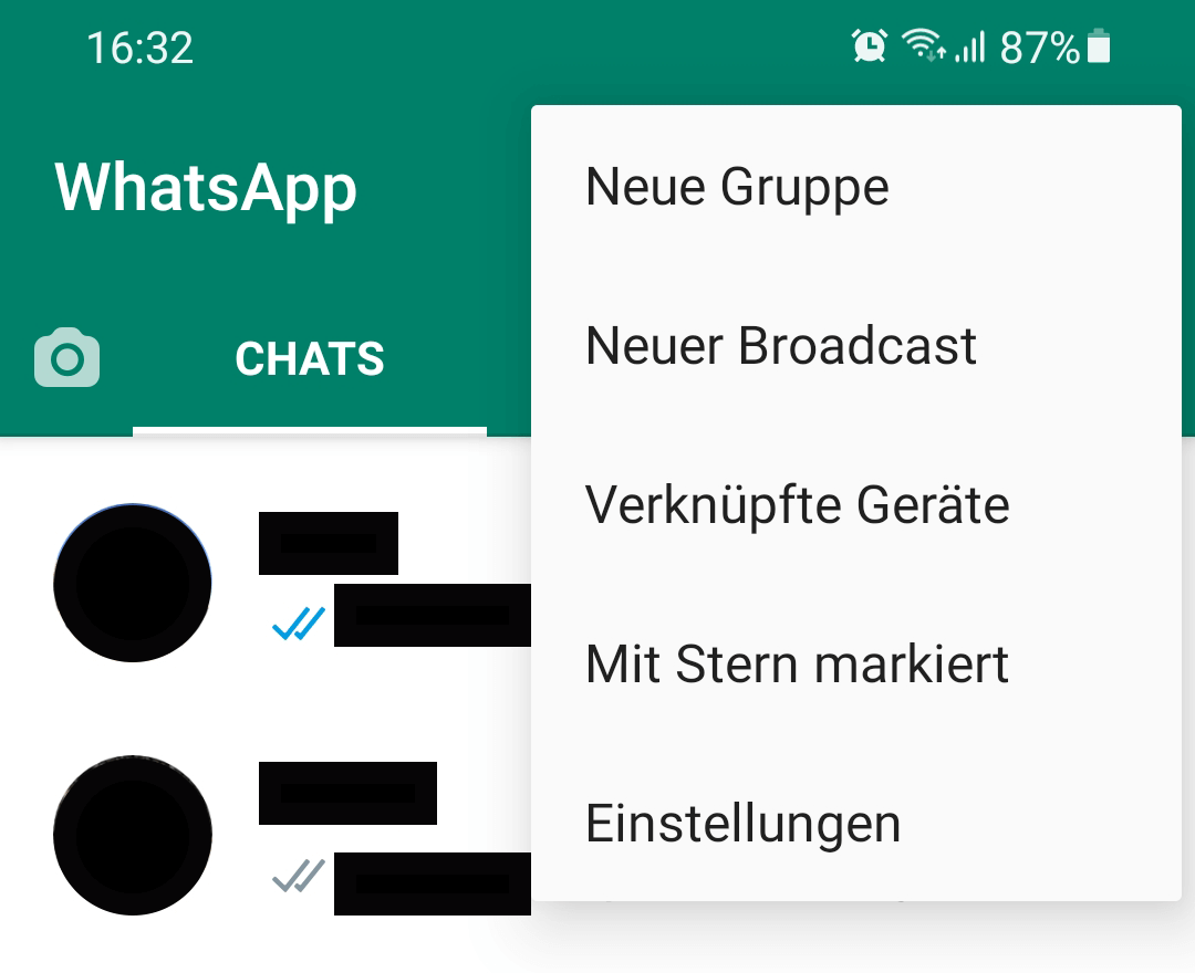 Screenshot von WhatsApp mit geöffnetem Navigationsmenü