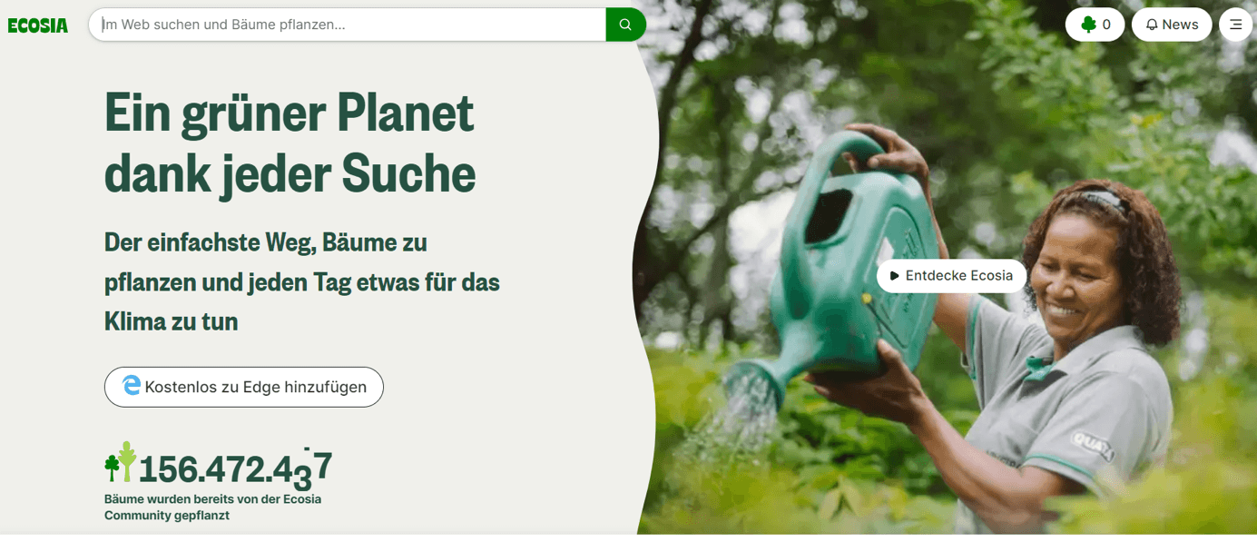 Die Startseite des Suchmaschine Ecosia