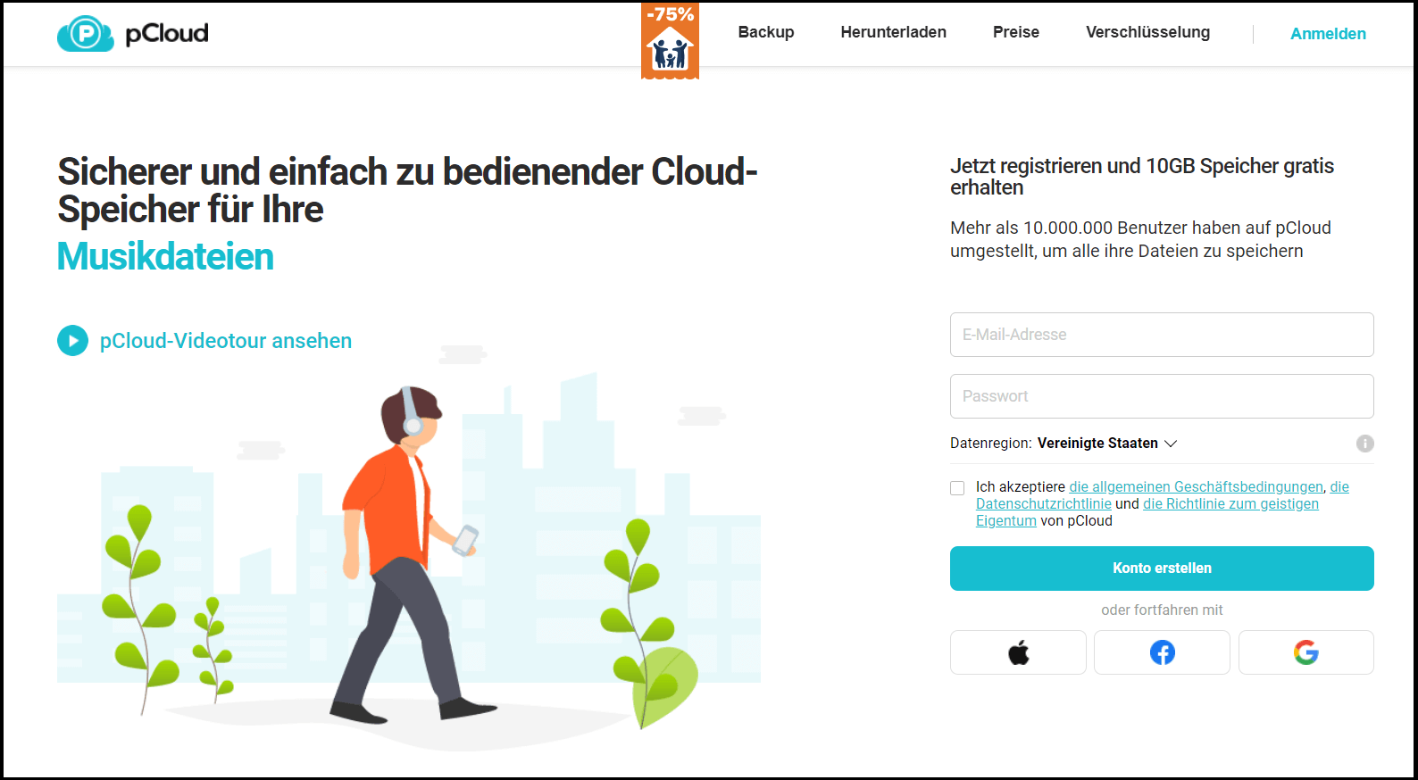 Die Startseite des Cloud-Speicherdienstes pCloud