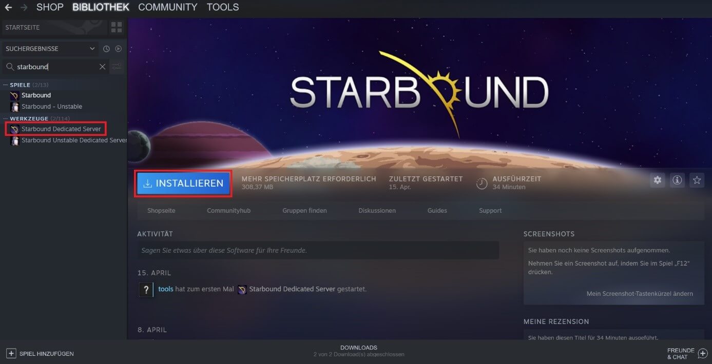Startseite der Starbound-Dedicated-Server-Anwendung