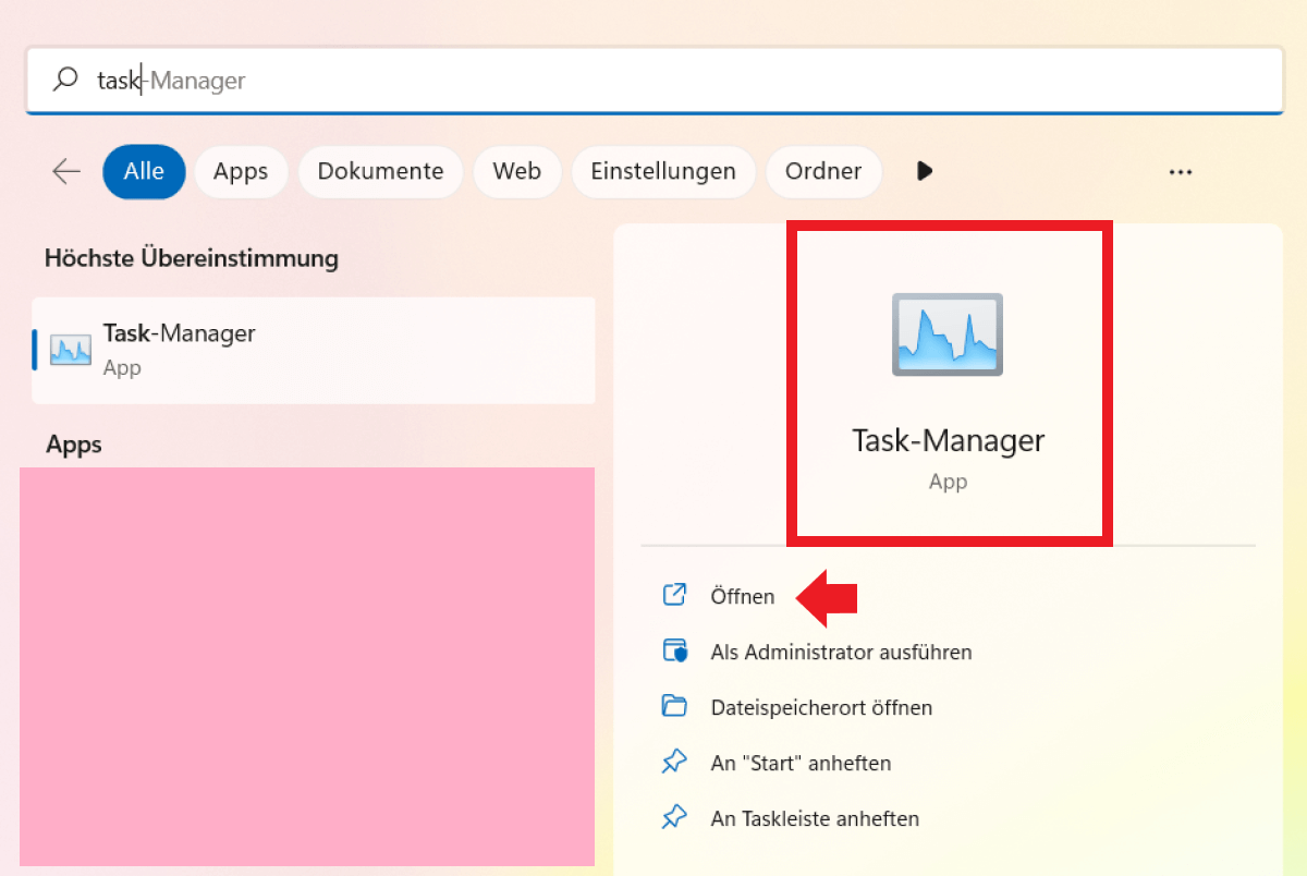 Die App „Task-Manager“ in der Windows-Suche