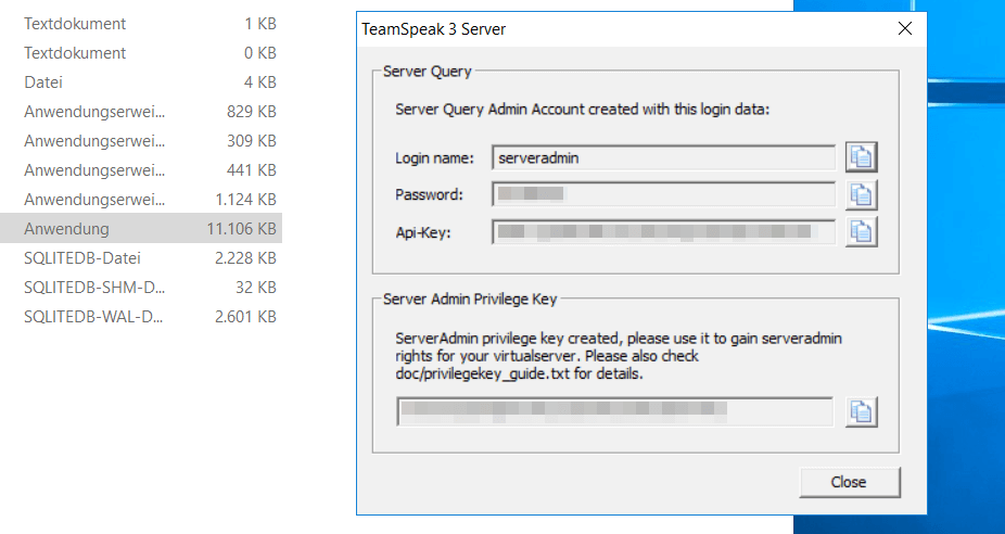 TeamSpeak 3 Server: Admin-Zugangsdaten