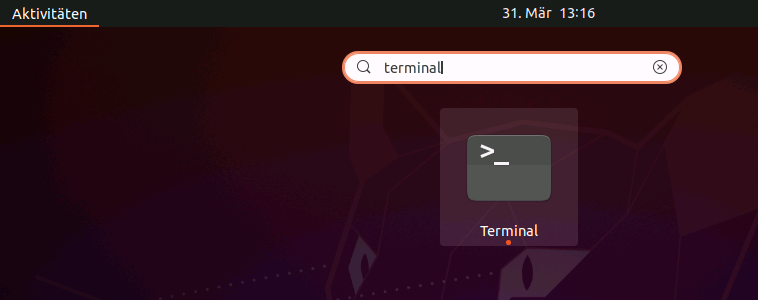 Ubuntu 20.04: Suche nach „Teminal“ via „Anwendungen anzeigen“