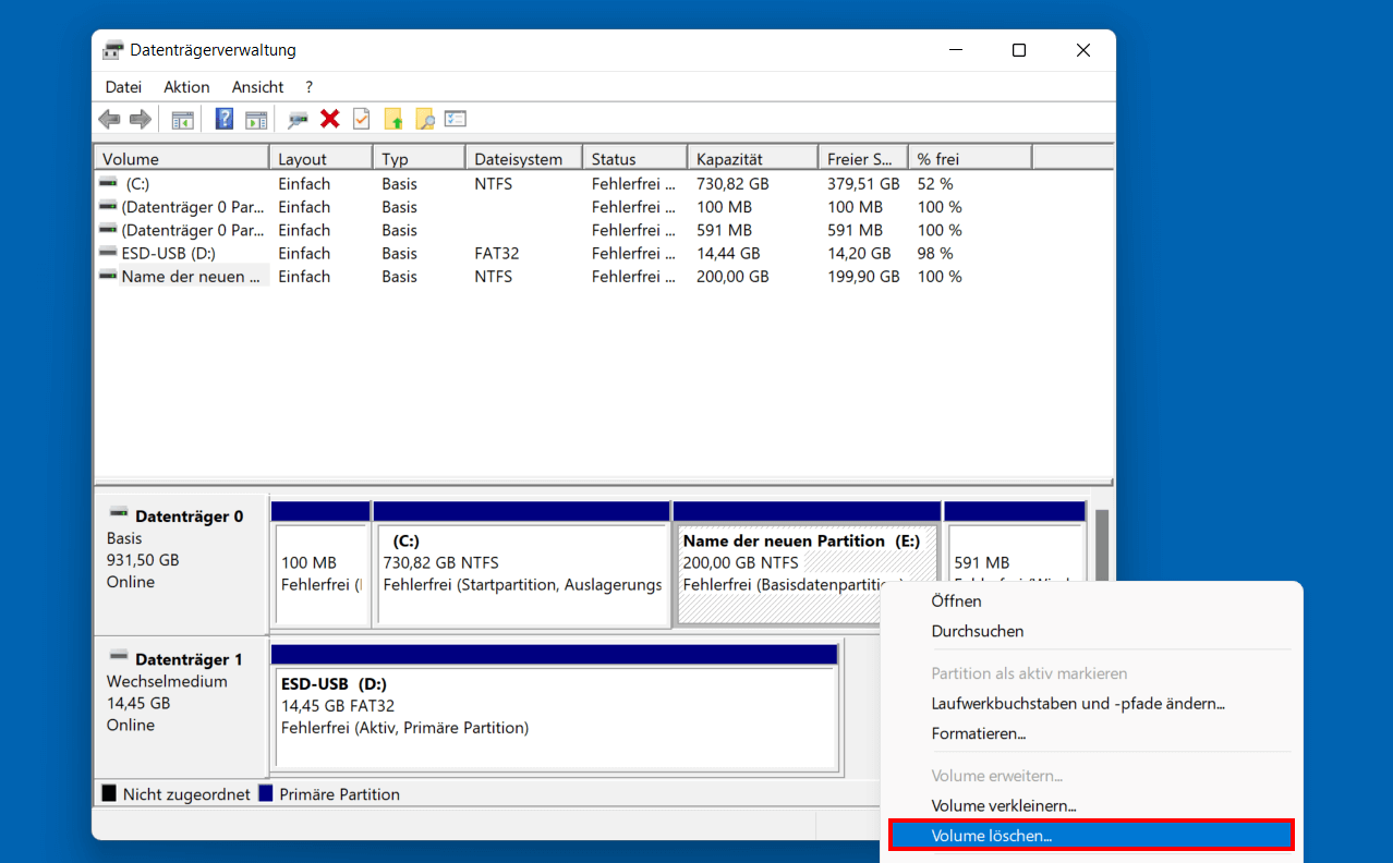 Volume löschen in der Windows-11-Datenträgerverwaltung