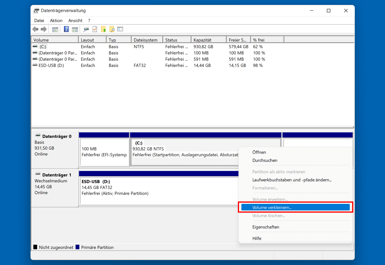 Volume verkleinern in Windows 11