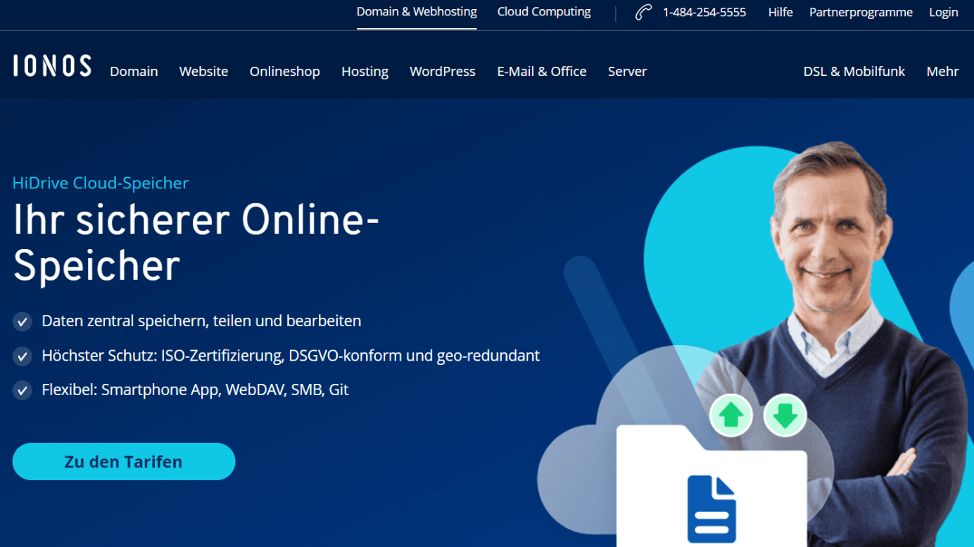 Die Website des HiDrive Cloud-Dienstes von IONOS