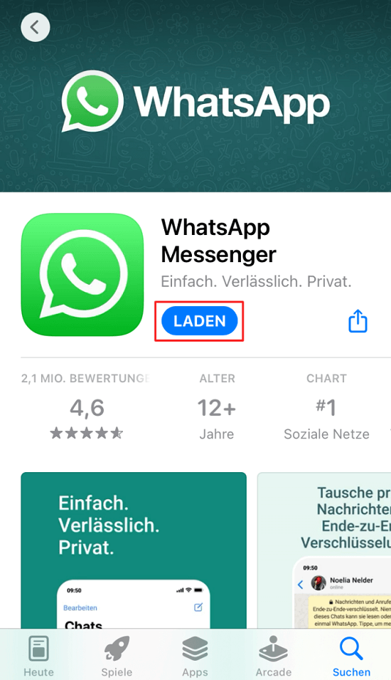 Ansicht von WhatsApp im App Store
