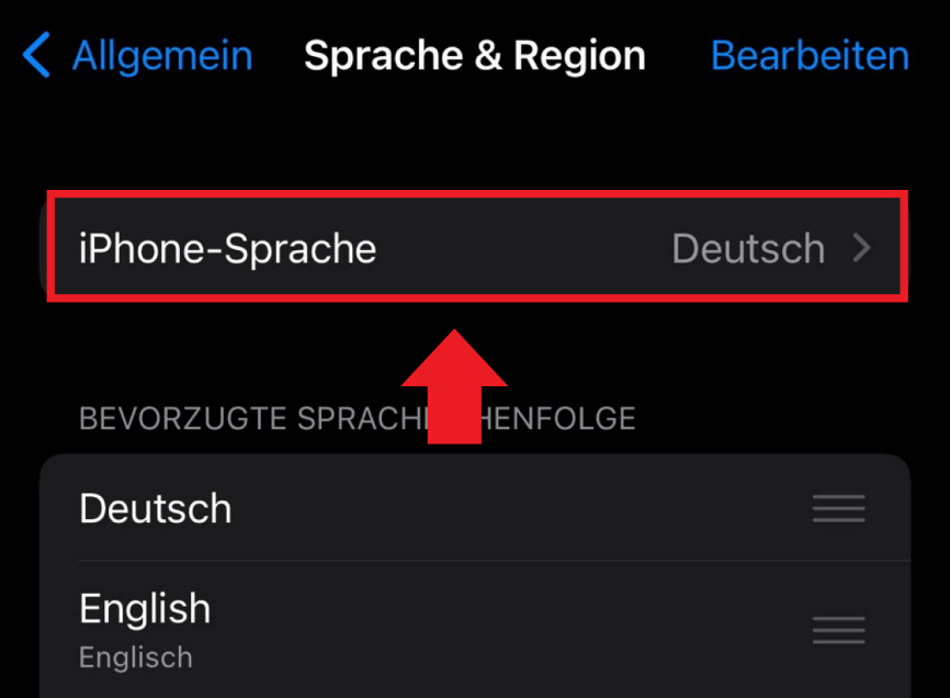 Der iOS-Menüpunkt „iPhone-Sprache“ mit der aktuell ausgewählten Systemsprache