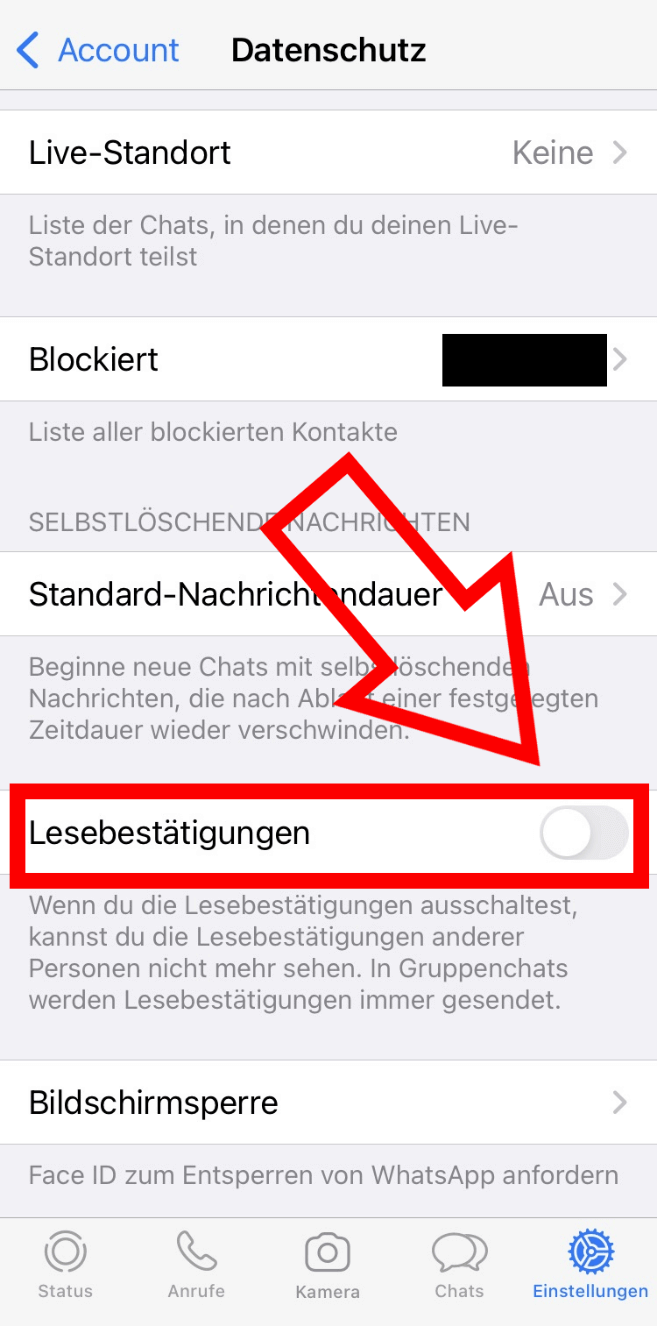 iPhone-Screenshot des WhatsApp-Datenschutzbereichs mit deaktivierter Lesebestätigungsoption