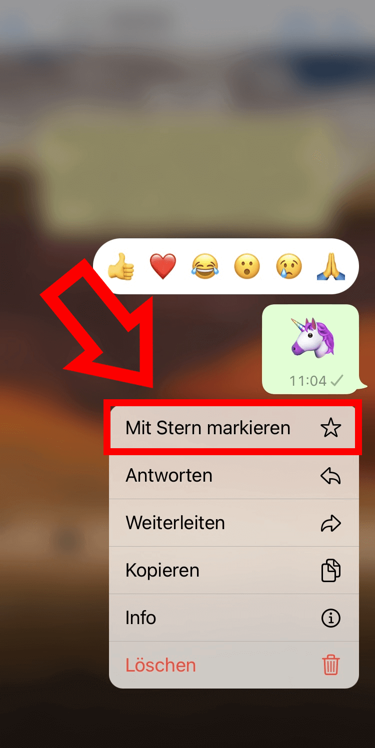 iPhone-Screenshot mit Hinweis auf die „Mit Stern markieren“-Option in WhatsApp