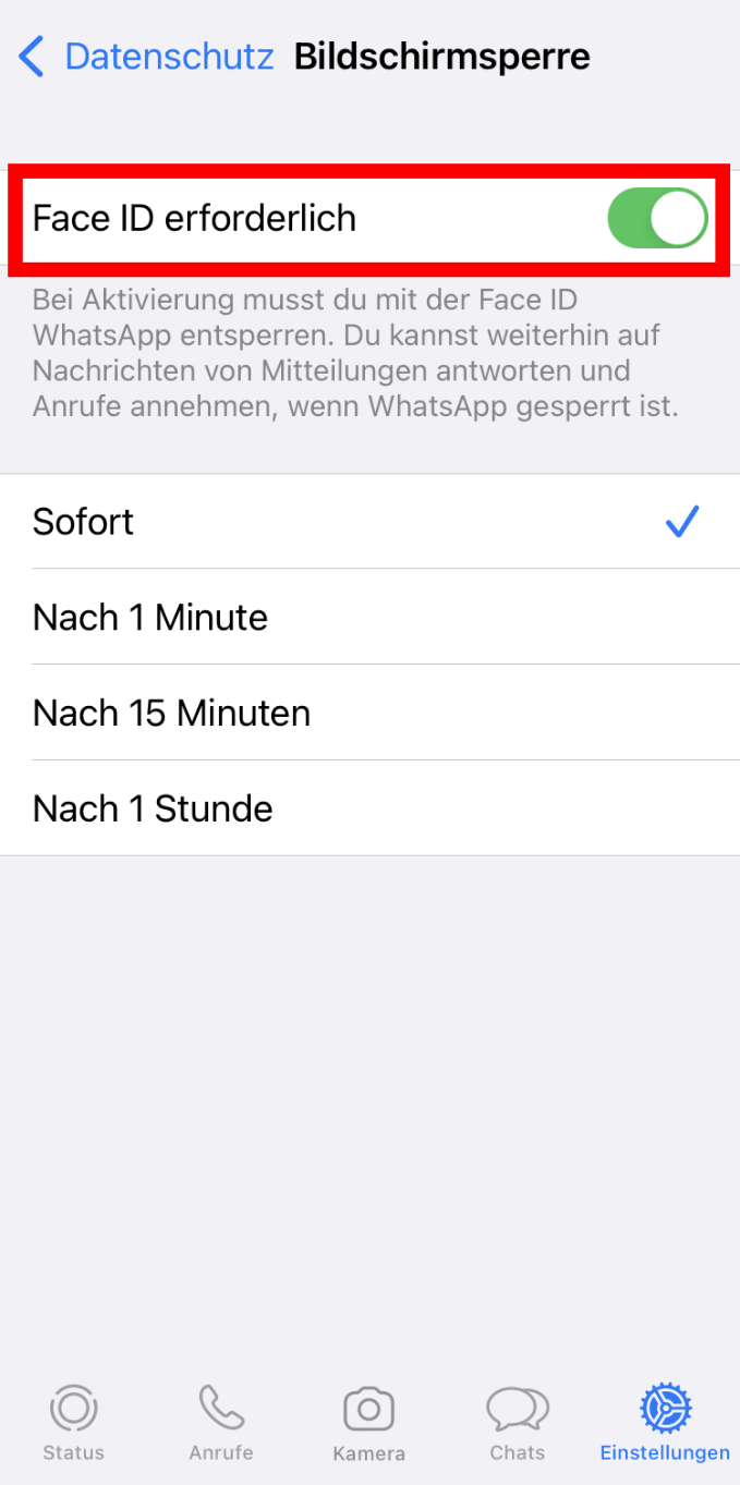 iPhone-Screenshot der Bildschirmsperre-Option auf WhatsApp