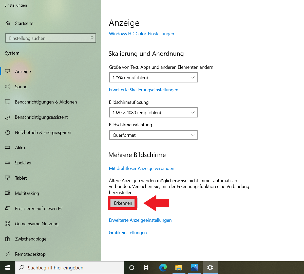 Windows-10-Anzeige-Menü mit der Option „Erkennen“ für „Mehrere Bildschirme“