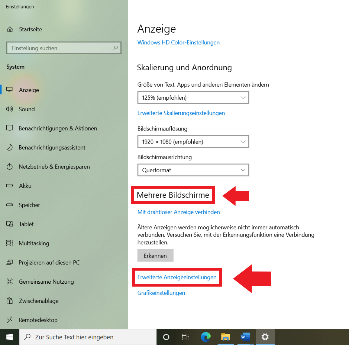 Windows 10: Menü „Anzeige“ und „Erweitere Anzeigeneinstellungen“