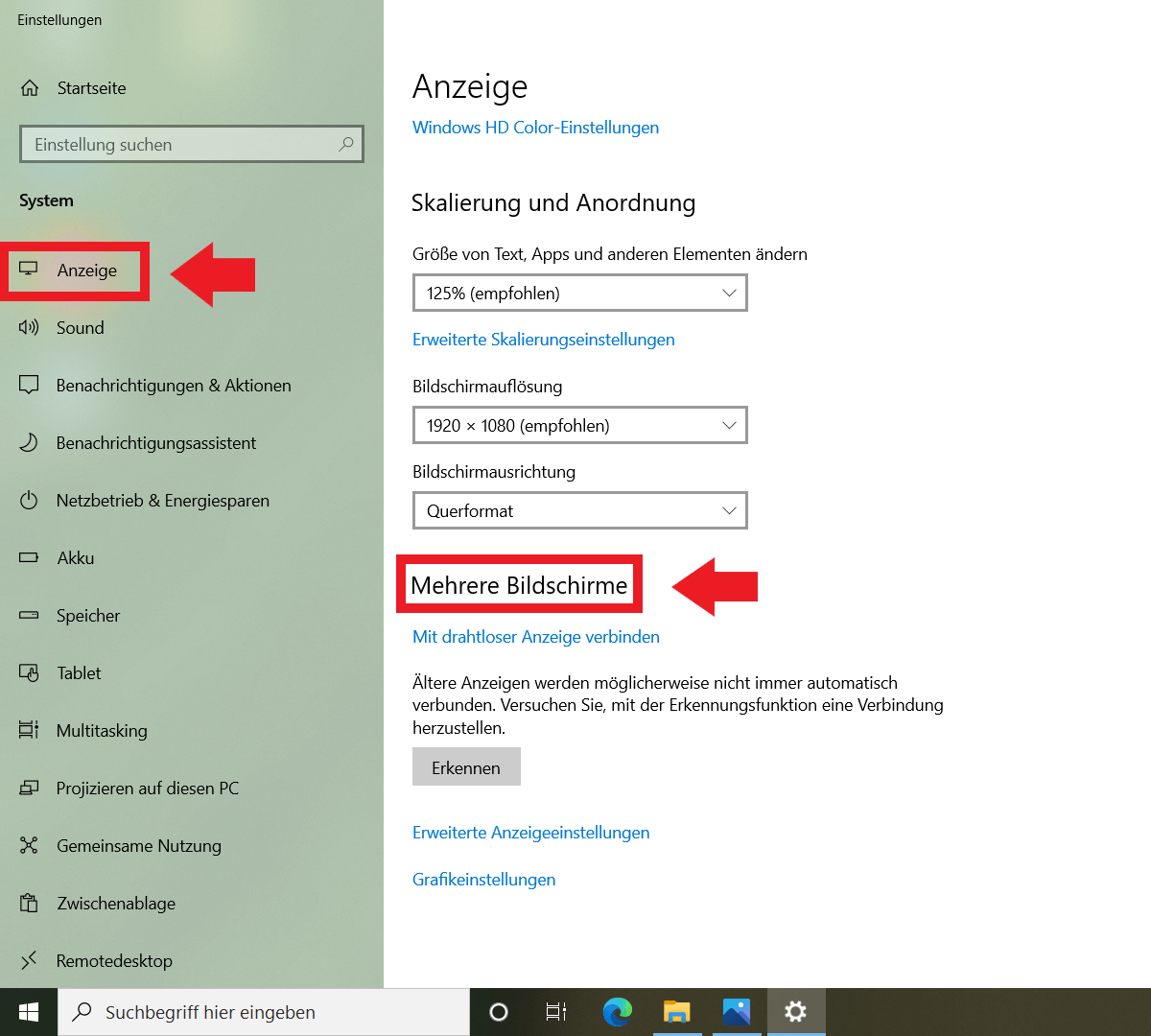 Windows 10: Einstellungen mit Menüpunkt „Anzeige“ und „Mehrere Bildschirme“