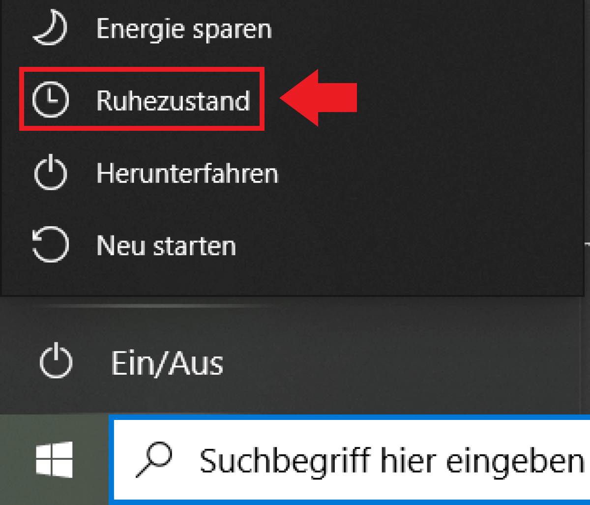 Windows 10: Option „Ruhezustand“ im Windows-Startmenü