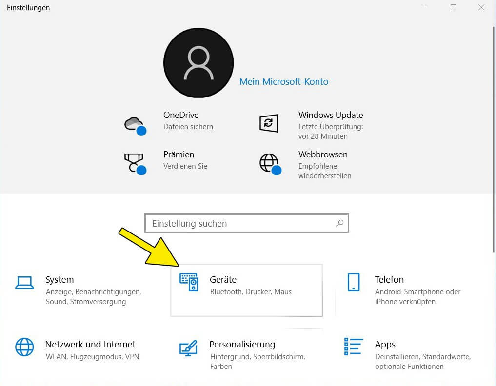 Screenshot Windows 10: Menüpunkt „Geräte“ in den Systemeinstellungen