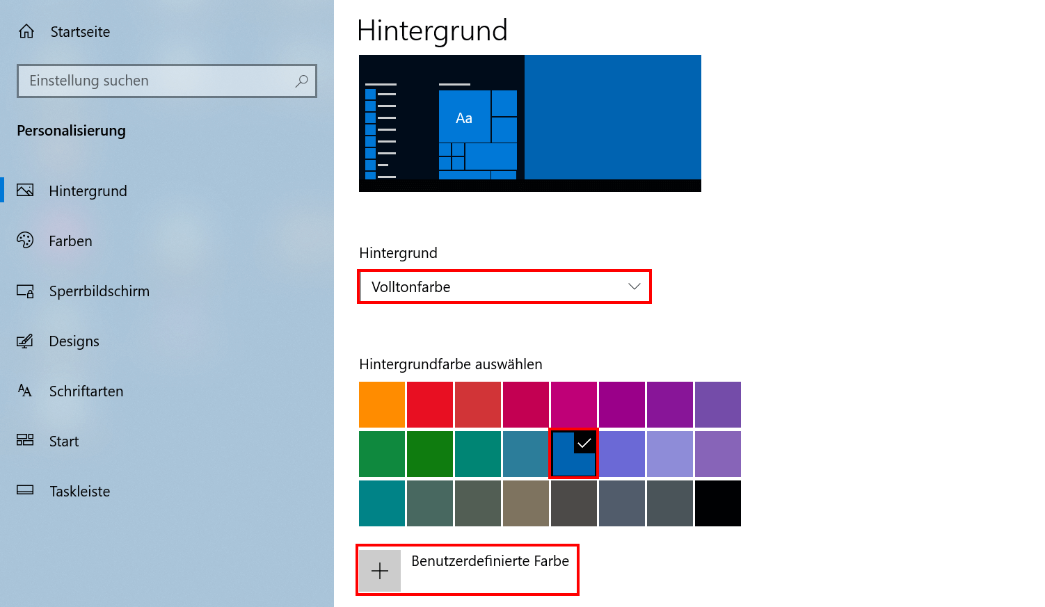 Windows 10: Volltonfarbe als Hintergrund auswählen