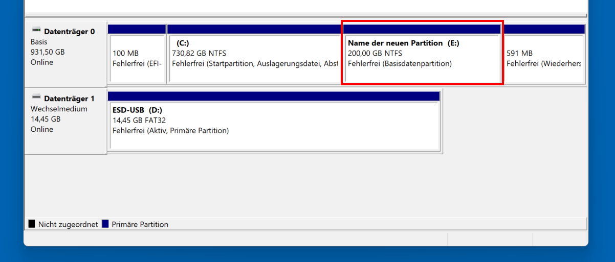 Windows-11-Datenträgerverwaltung: Neu hinzugefügte Partition