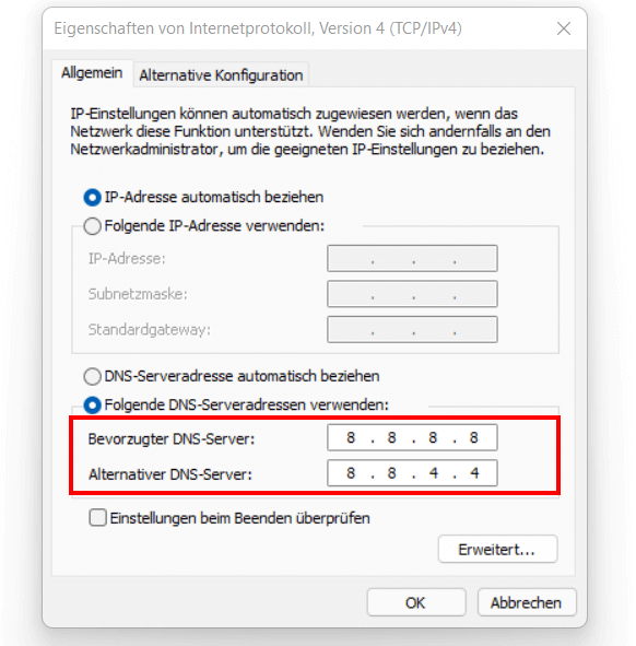 DNS-Serveradresse ändern in Windows 11