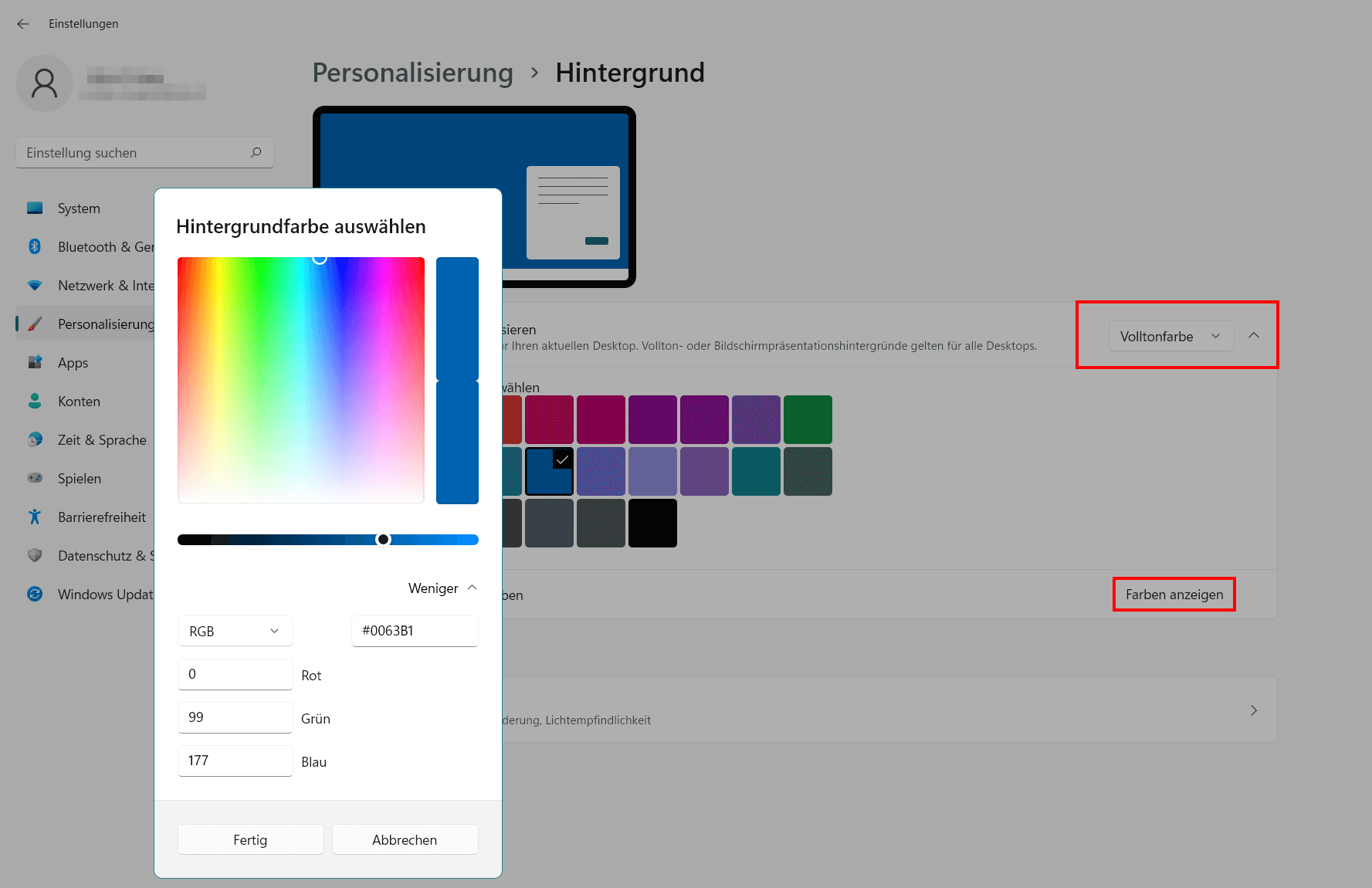 Windows 11: Hintergrundfarbe auswählen