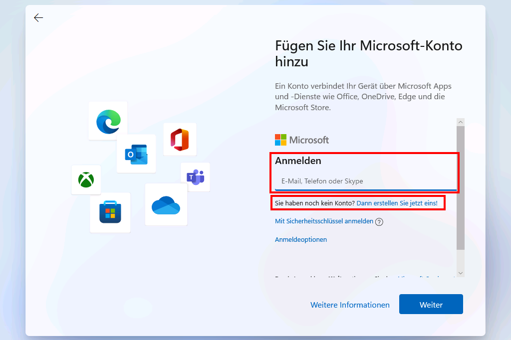 Windows-11-Installation: Microsoft-Konto hinzufügen
