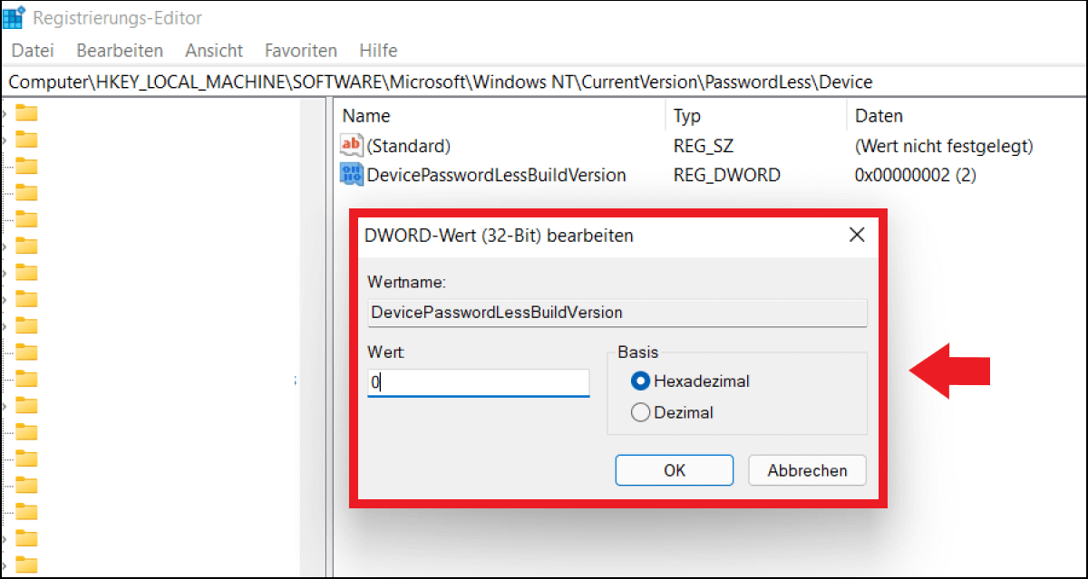 Windows 11: Menüfenster im Registrierungseditor zur Änderung der Passwortabfrage