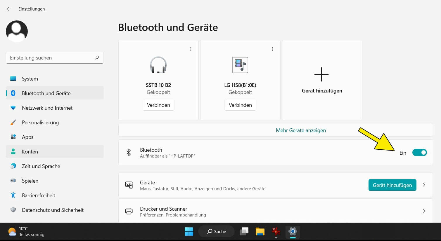 Windows-11-Systemeinstellungen für Bluetooth-Geräte: Bluetooth-Schalter auf „Ein“