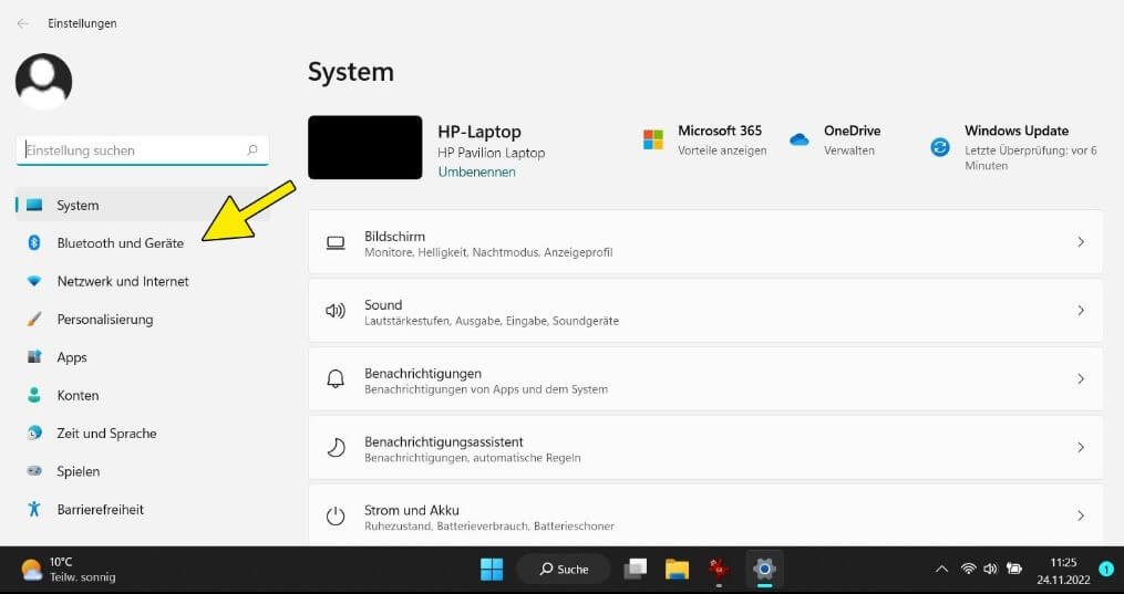 Windows-11-Systemeinstellungen: Menüpunkt „Bluetooth und Geräte“