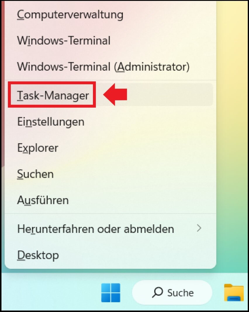 Das Windows-Bordmittel-Startmenü mit dem Task-Manager in der Menüliste