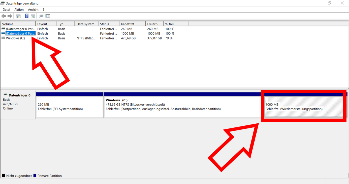 Screenshot der Windows-Datenträgerverwaltung, der die Partition des Datenträgers 0 mit der Wiederherstellungspartition zeigt