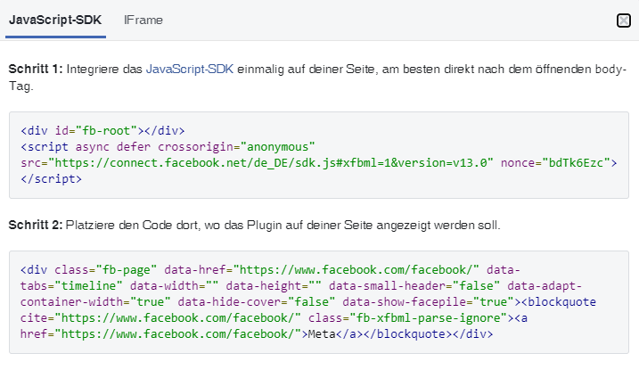 Code-Snippets von der Facebook-Entwickler-Seite zum Einbetten auf einer Website