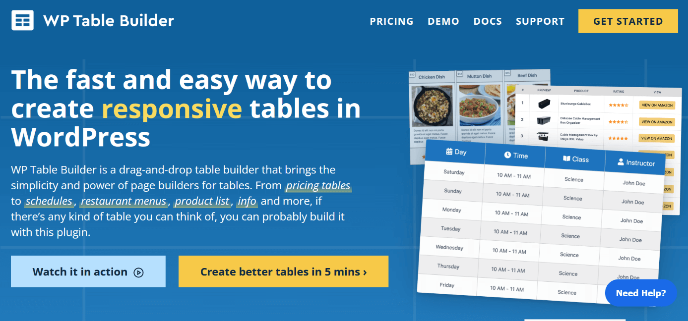 Screenshot der Website des Tabellen-Plugins „WP Table Builder“
