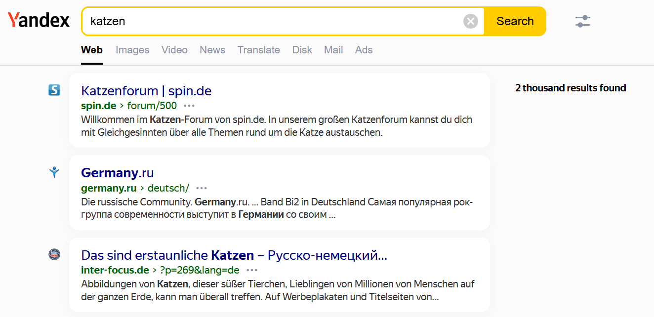 Yandex-Suchergebnisse für den Begriff „Katzen“