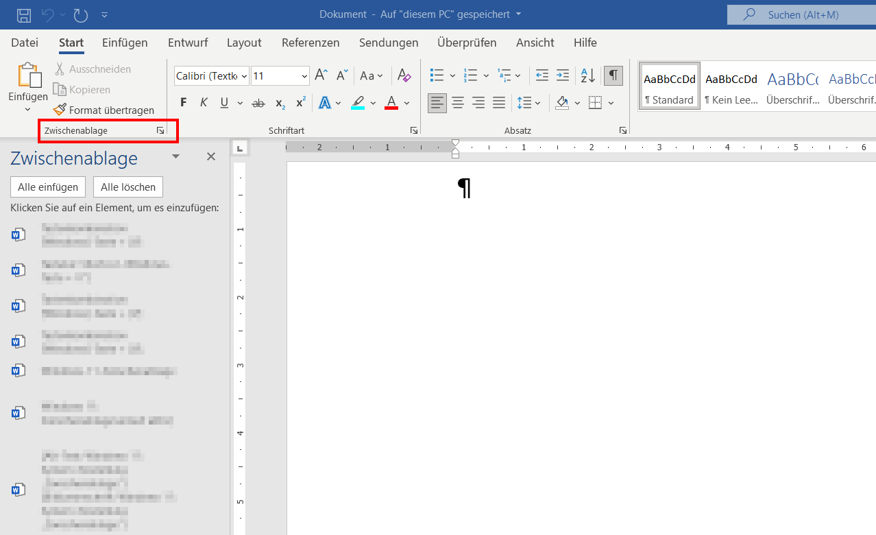 Zwischenablage-Button in Microsoft Word