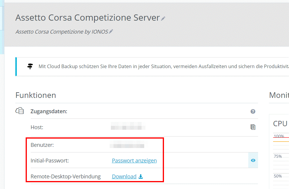IONOS Kunden-Center: Zugangsdaten zum Server
