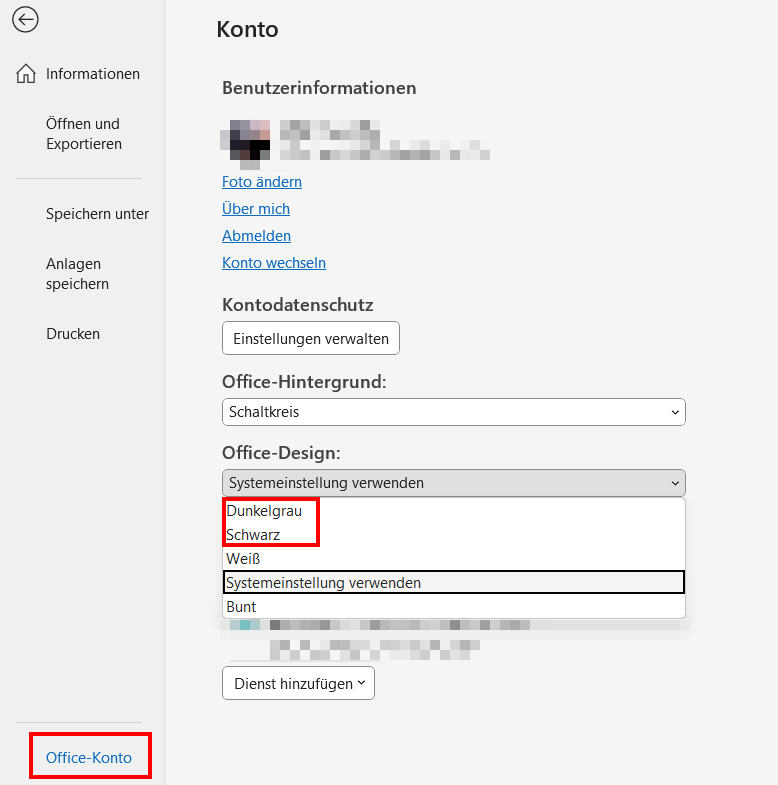 Die Option „Office-Design“ im Office-Konto mit den Dark-Mode-Designvarianten Die Option „Office-Design“ im Office-Konto mit den Dark-Mode-Designvarianten