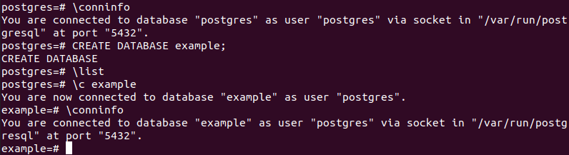 Eingaben zum Erzeugen einer neuen PostgreSQL-Datenbank und Wechsel zu dieser mit den vorgestellten Befehlen im Terminal von Ubuntu 20.04