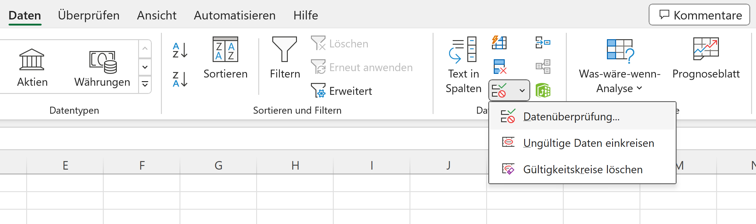 Fenster zur Datenüberprüfung in Excel