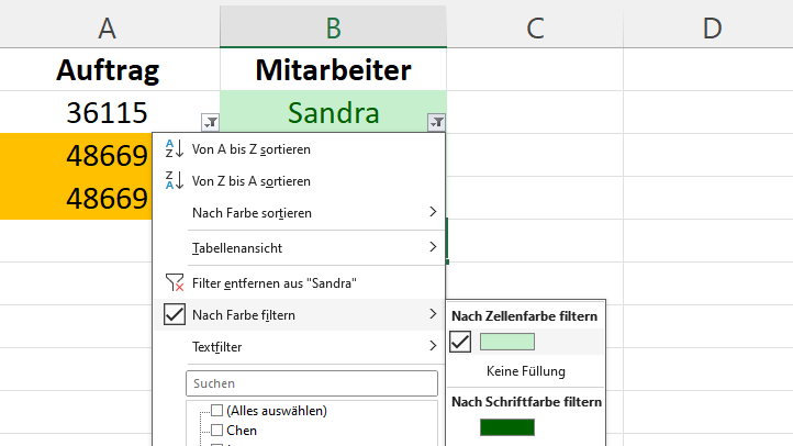 Excel-Tabelle nach Zellenfarbe filtern