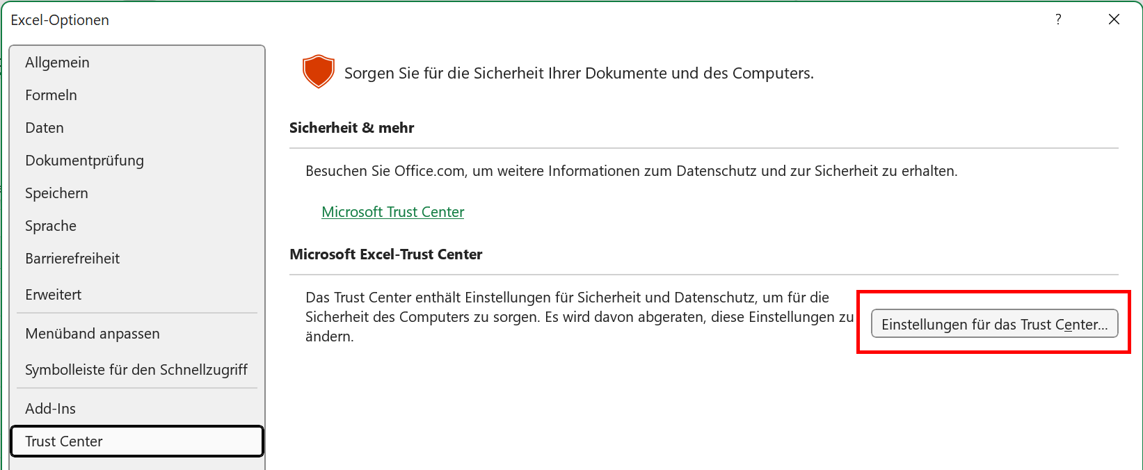 Dialogfenster „Excel-Optionen“ in Excel