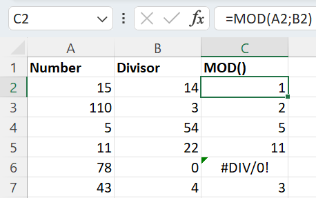Beispiel für eine Modulus-Excel-Funktion