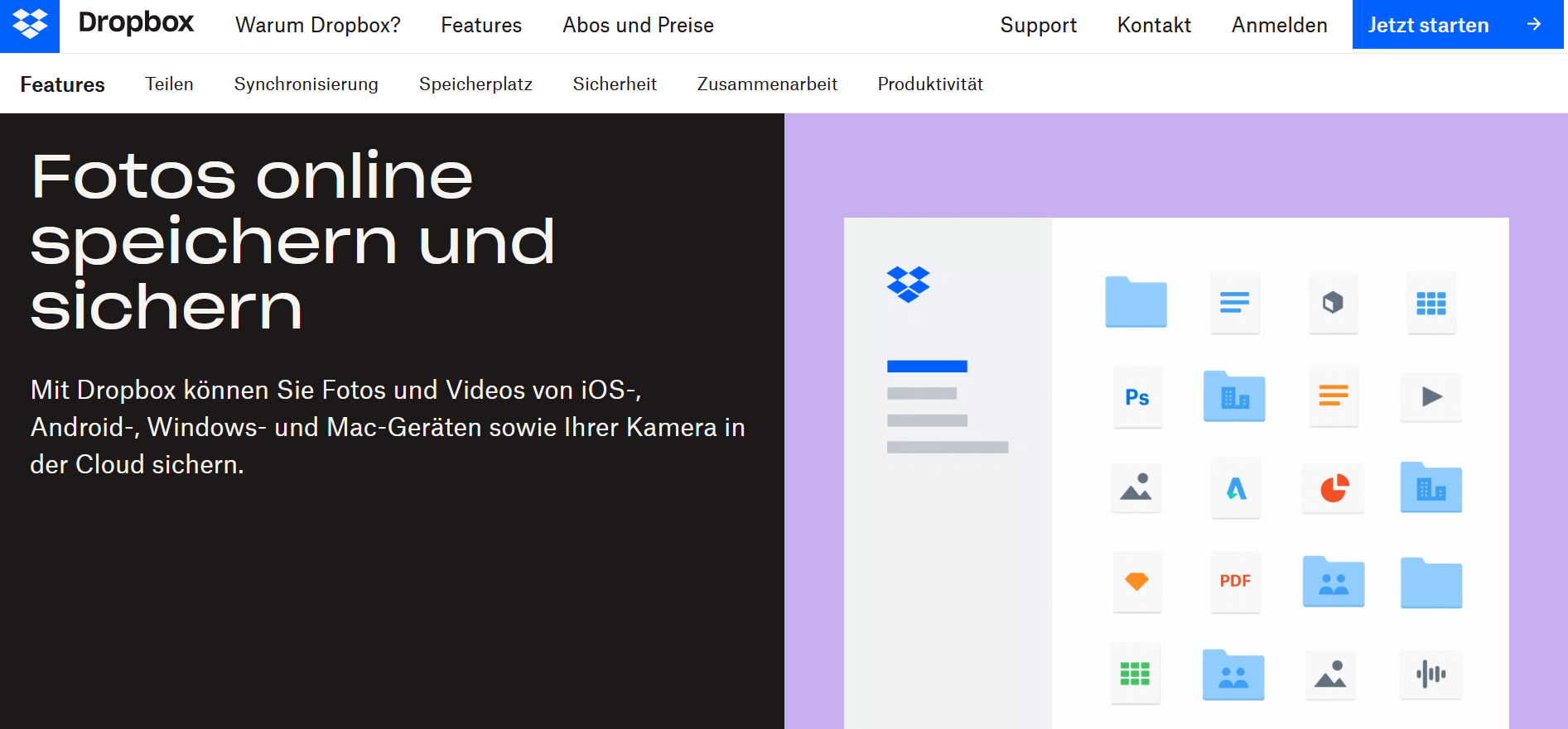Screenshot der Dropbox-Seite zum Thema „Speicherplatz für Bilder“ Screenshot der Dropbox-Seite zum Thema „Speicherplatz für Bilder“
