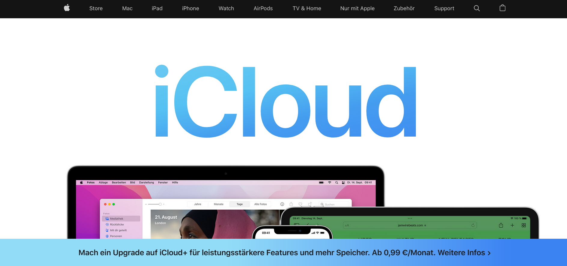 Screenshot der Vorstellungsseite von iCloud Screenshot der Vorstellungsseite von iCloud